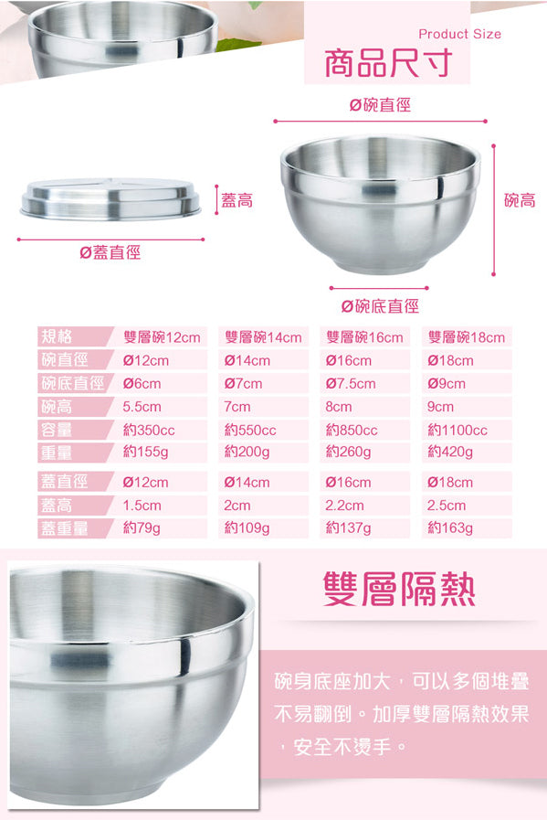 【PERFECT】316 Stainless Steel Double-layer Bowl 12cm (6 pieces)